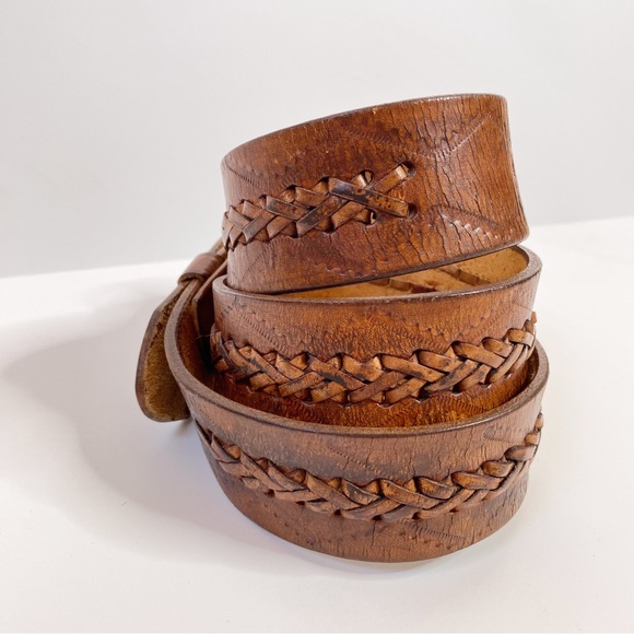 Vintage Tooled Brown Leather Belt Sz 38 Braided Western Boho Distressed Patina - Picture 4 of 12